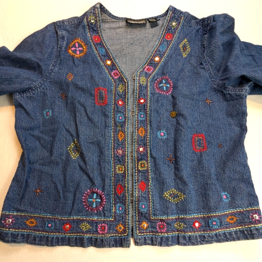 New Directions Bohemian Embroidered Blue Jean Jacket XL